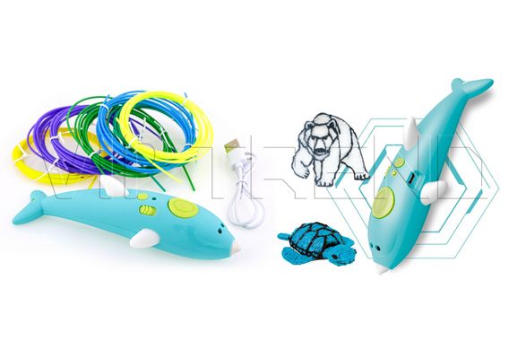 Аккумуляторная 3D ручка Wm- 9903 для детей с трафаретами и пластиком для рисования 3Д Pen дельфин синий