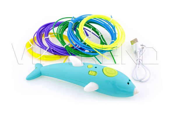 Аккумуляторная 3D ручка Wm- 9903 для детей с трафаретами и пластиком для рисования 3Д Pen дельфин синий